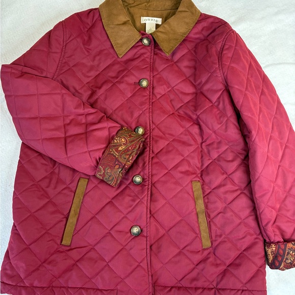 Orvis Quilted Jacket Burgundy Paisley Lining Corduroy Collar Women’s Large - Picture 4 of 5